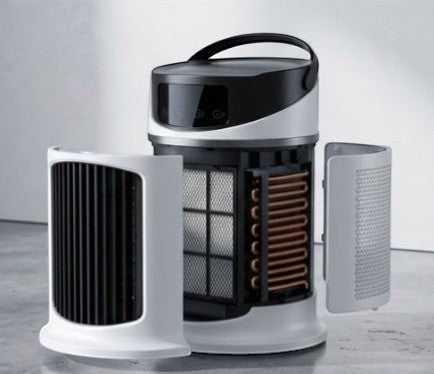Rinef portable air conditioner with 3-in-1 cooling, humidifying, and dust filtering. White and black ABS/PC construction.