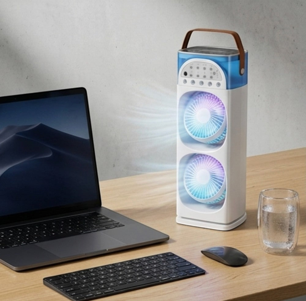 Rinef white and blue portable air conditioner with dual fans and 7-color LED light, on a desk with a laptop.