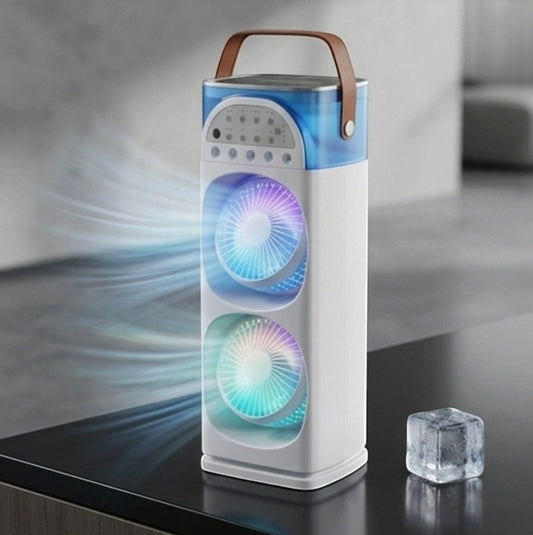 Rinef white and blue portable air conditioner with dual fans and 7-color LED light, featuring a leather handle.