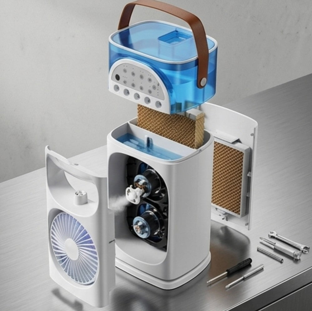 Rinef white portable air conditioner with blue water tank and brown handle, featuring dual fans and mist spray.