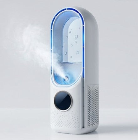 Rinef white portable bladeless air conditioner with USB rechargeable battery and misting function.