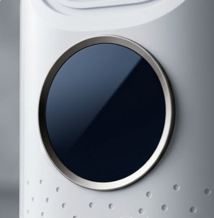 Rinef portable bladeless air conditioner in white ABS with a dark blue circular display and silver trim.