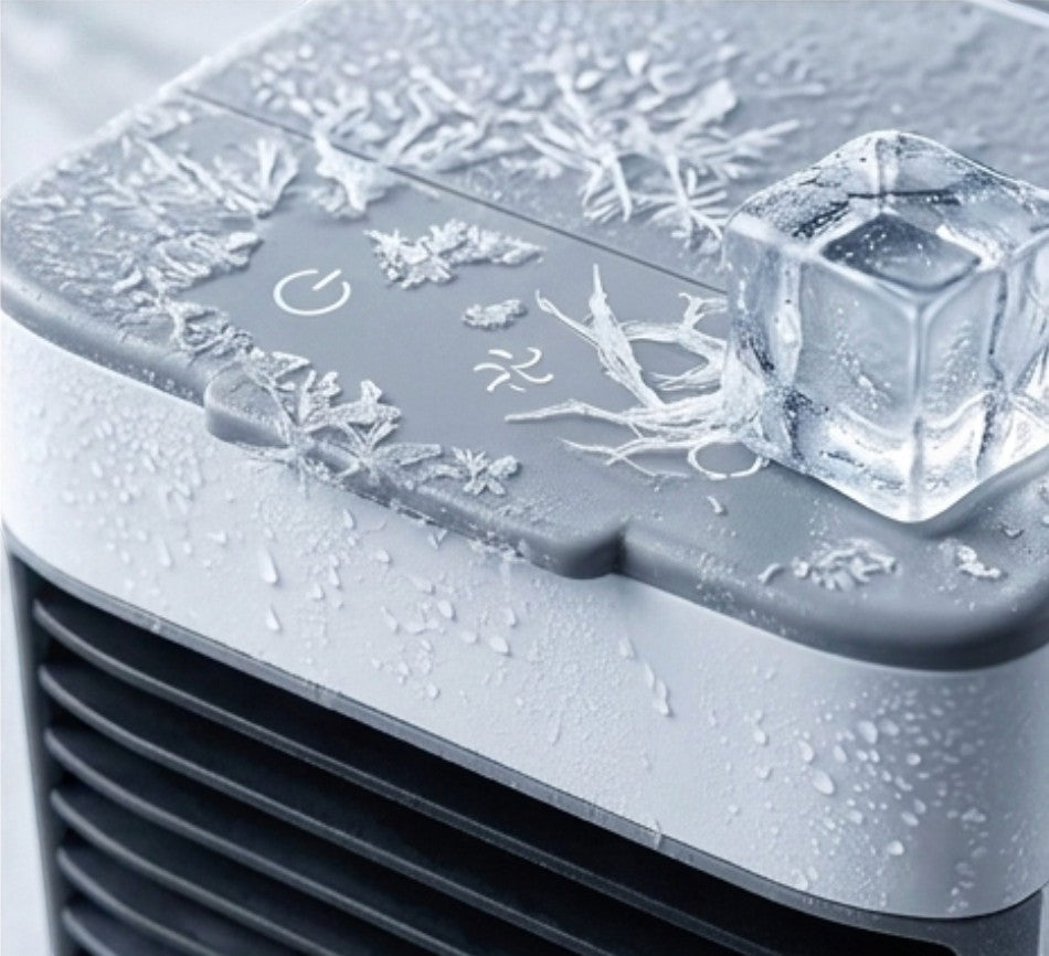 Rinef portable mini air conditioner with water-cooled system and ice cube detail. Features power and fan icons.