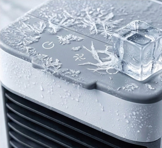 Rinef portable mini air conditioner with water-cooled system and ice cube detail. Features power and fan icons.