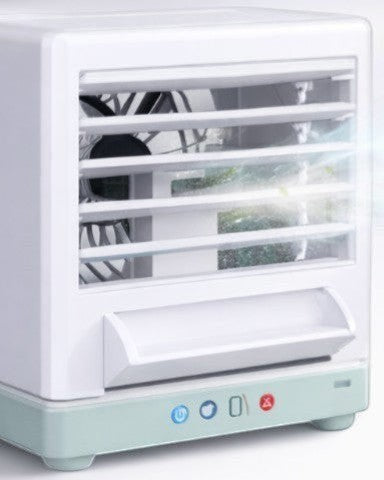 Rinef Personal Oasis portable mini air conditioner with 3-in-1 cooling, humidifying, and purifying functions. White and mint green.