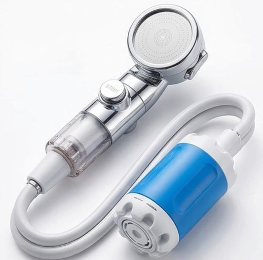 Rinef portable shower pump with adjustable flow, USB rechargeable, silver and blue PVC
