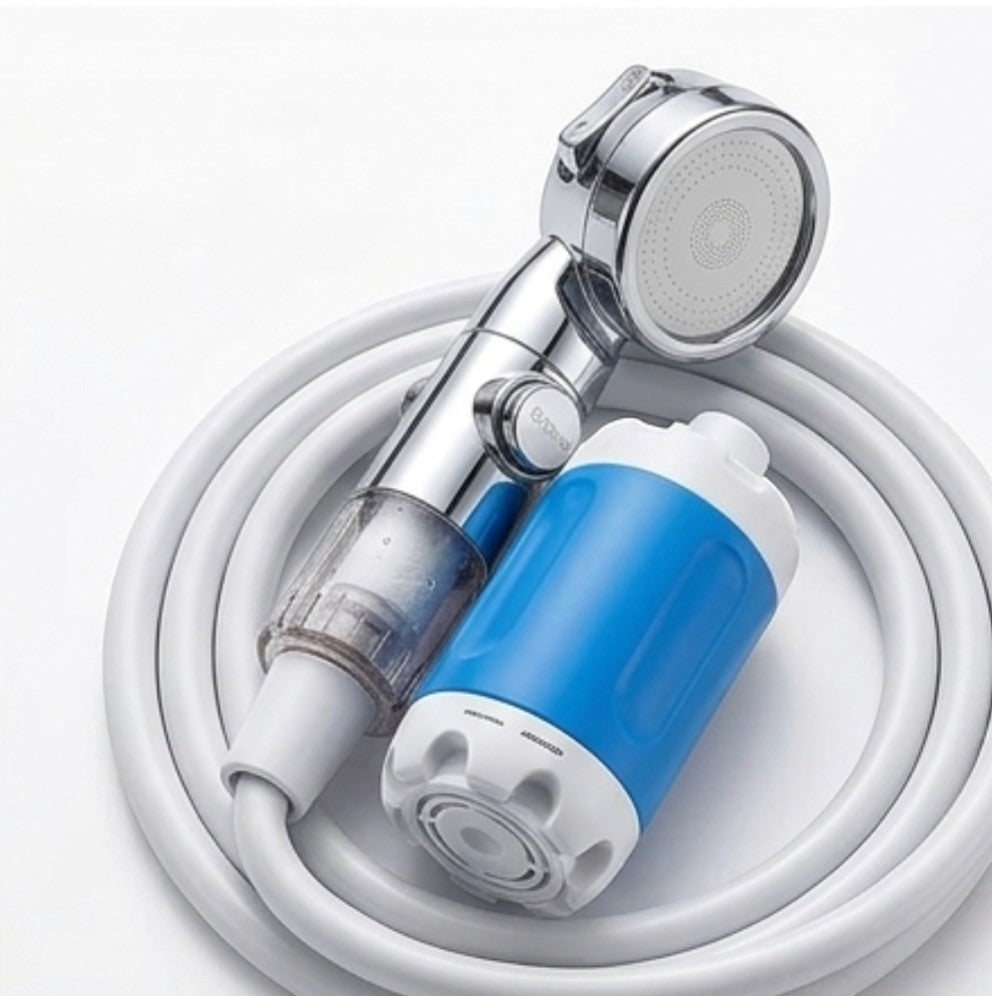 Rinef portable shower pump with adjustable flow, USB rechargeable, white hose, blue and white pump unit.