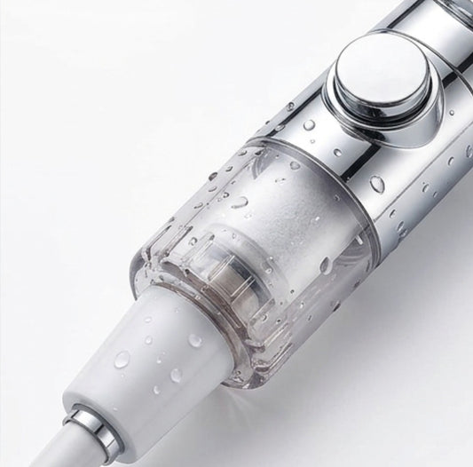 Rinef portable shower pump with adjustable flow, USB rechargeable, compact design, chrome and clear PVC.