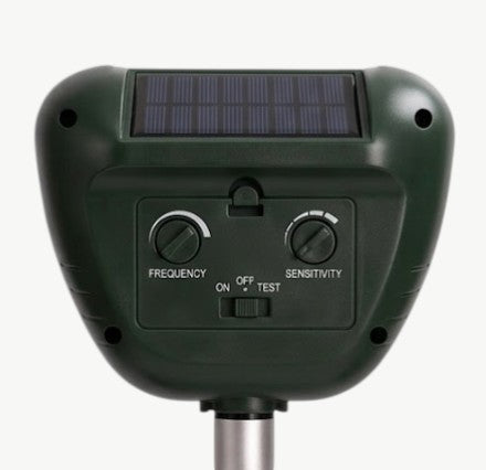 Rinef EcoGuard solar-powered ultrasonic bird repeller with frequency and sensitivity dials, and LED lights.
