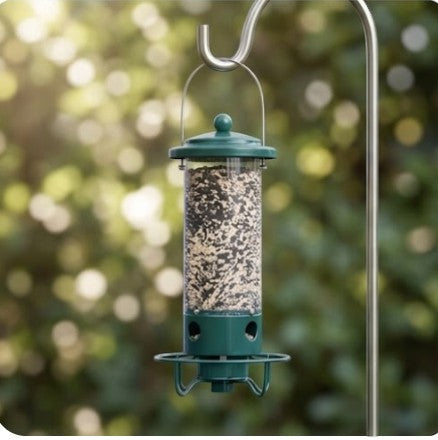 Rinef Squirrel Defender green metal and polycarbonate bird feeder with weight-activated perch and 5 lb capacity.