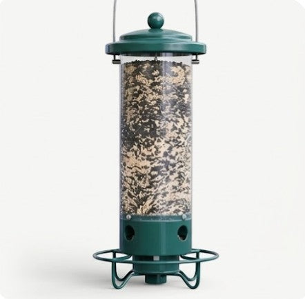 Rinef Squirrel Defender metal bird feeder with clear polycarbonate tube filled with seed, green lid and base.