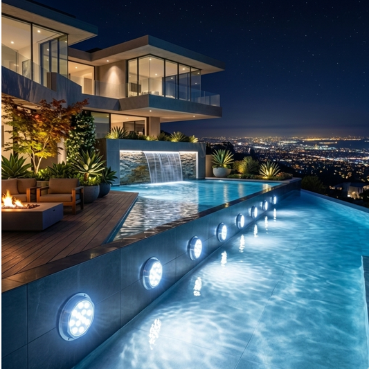 Rinef submersible LED pool light with 16 color options and remote control, illuminating a modern infinity pool at night.