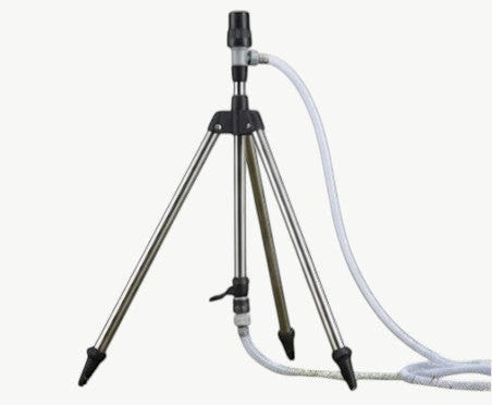 Rinef high pressure tripod sprinkler with 360° coverage, adjustable height, stainless steel and ABS construction, green and white.