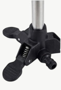 Rinef high pressure tripod sprinkler with 360° coverage, adjustable height, and quick connect hose attachment. Made of stainless steel and ABS.