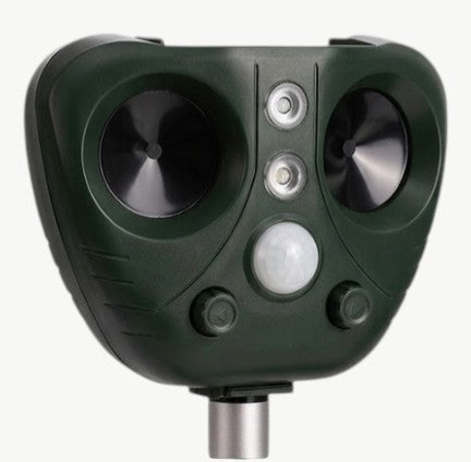 Rinef Ultrasonic Bird Repeller with solar power, LED lights, and motion sensor. Green ABS plastic.