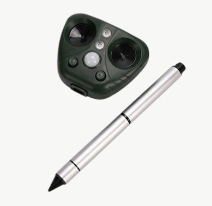 Rinef EcoGuard ultrasonic bird repeller with solar power, LED lights, and motion sensor. Green ABS plastic.