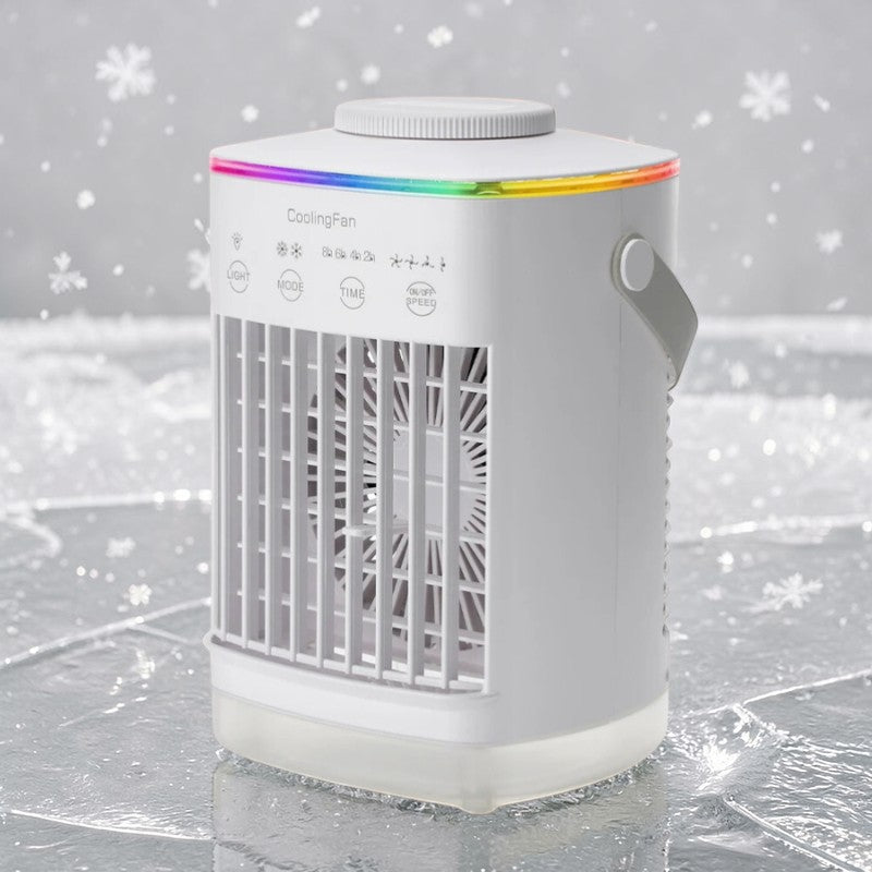 Rinef white 3-in-1 portable air conditioner with LED light, humidifier, and 4-speed fan.