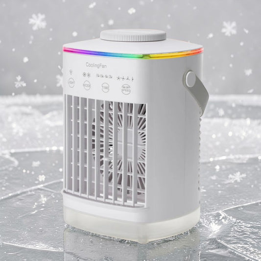 Rinef white 3-in-1 portable air conditioner with LED light, humidifier, and 4-speed fan.