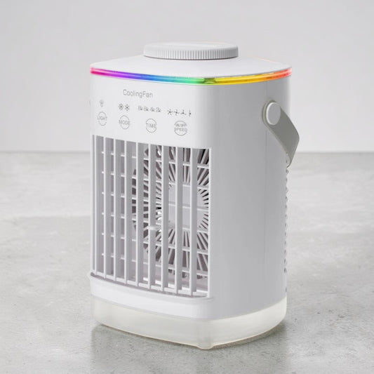 Rinef white 3-in-1 portable air conditioner with LED light, humidifier, and 4-speed fan.