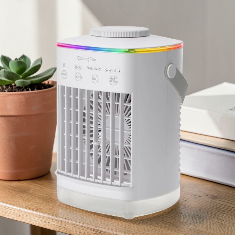Rinef white 3-in-1 portable air conditioner with LED light, 700ml tank, and adjustable fan speeds.