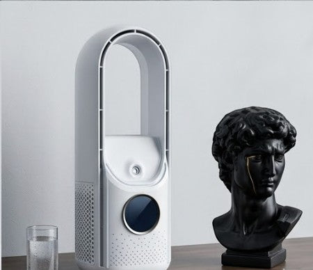 Rinef white portable bladeless air conditioner with USB rechargeable battery and 90-degree oscillation.