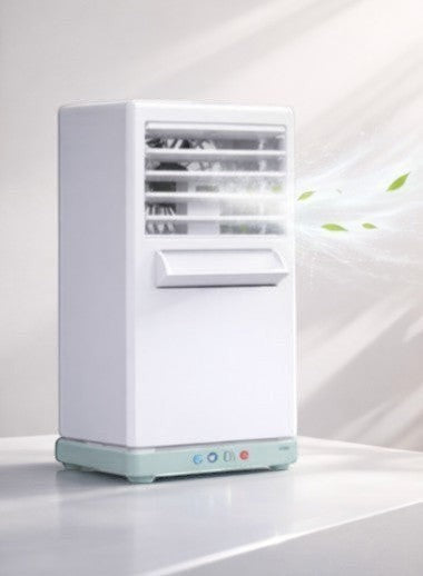 Rinef white portable mini air conditioner with 3-in-1 cooling, humidifying, and purifying functions.